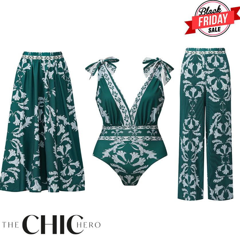 Green Flowy Floral Tie-shoulder Swimsuit&Skirt&Pants
