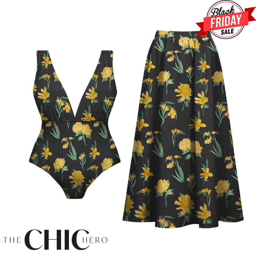 Yellow Floral Print One-Piece Swimsuit&Skirt