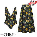 Yellow Floral Print One-Piece Swimsuit&Skirt