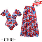 Colorful Floral Puff Sleeves One-Piece Swimsuit&Skirt