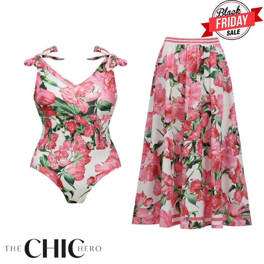 Pink Floral Patterned One-Piece Swimsuit&Skirt