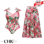 Pink Floral Patterned One-Piece Swimsuit&Skirt