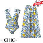 Lemon Motifs Blue Scrollwork Ornate Print One-Piece Swimsuit&Skirt