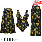Yellow Floral Print One-Piece Swimsuit&Skirt&Pants