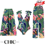 Green Parrot Tropical Exotic Flower Motifs One-Piece Swimsuit&Skirt&Pants