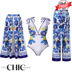 Lemon Blue Floral Print One-Piece Swimsuit&Skirt&Pants