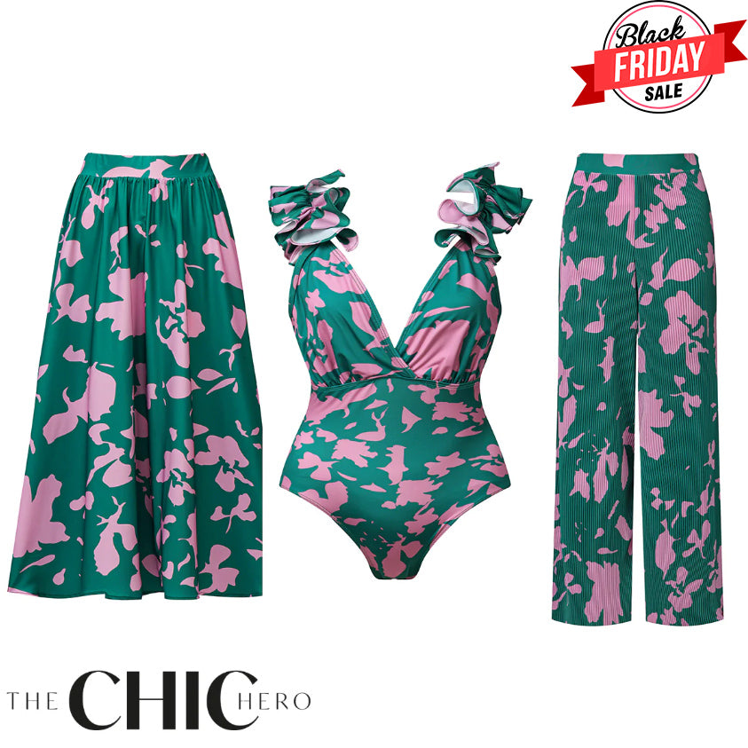 Indigo Chic Ruffled One Piece Swimsuit&Skirt&Pants
