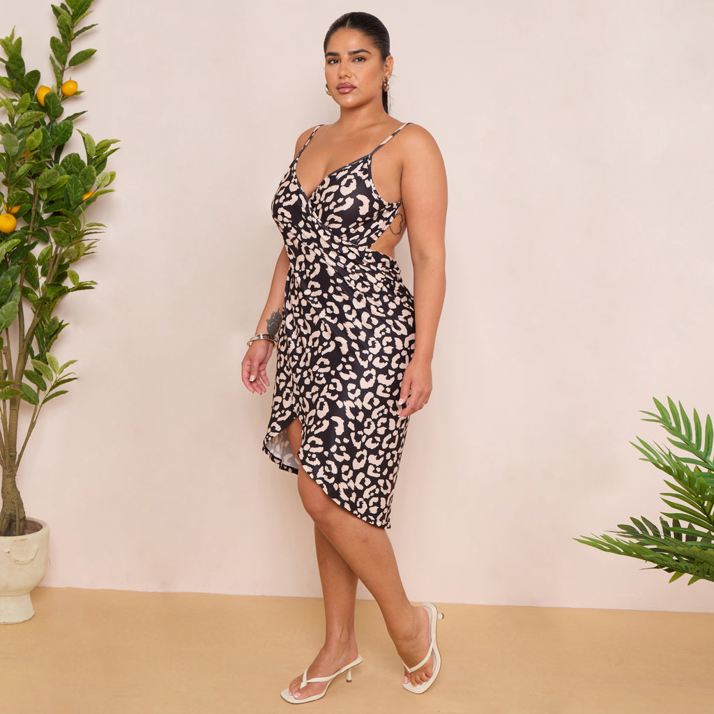 Plus Size Abstract Print Wrap Midi Dress with Spaghetti Straps