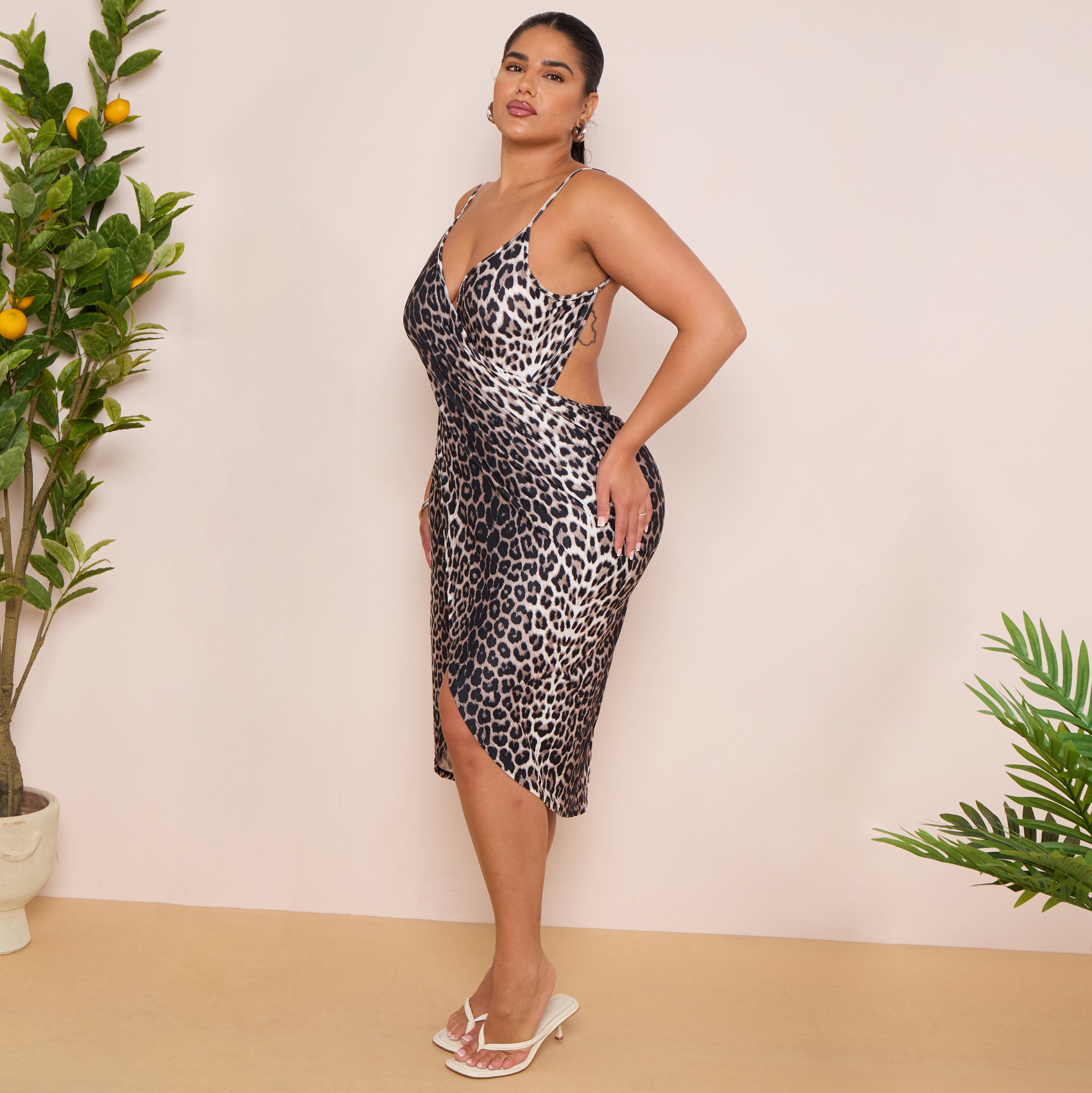 Plus Size Leopard Print Wrap Midi Dress with Spaghetti Straps