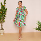 Abstract Striped V-Neck Short Sleeve Oversized Dress