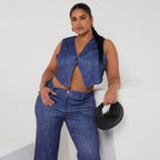 Reversible Relaxed Fit Demin Sleeveless Button-Front Sleeveless Top (light blue & dark blue)