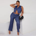 Reversible Relaxed Fit Demin Sleeveless Button-Front Sleeveless Top (light blue & dark blue)