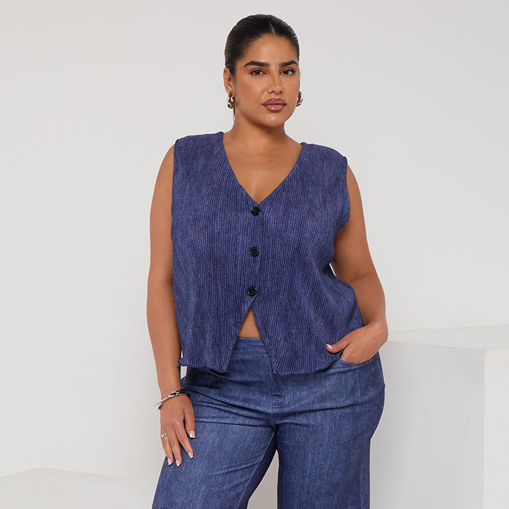Women's Plus Size Demin Button-Front Sleeveless Vest Top