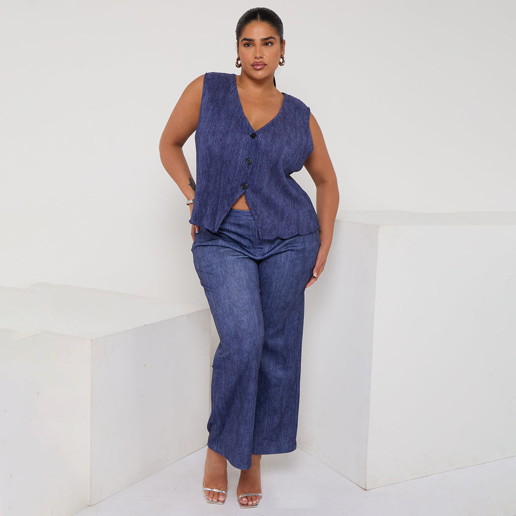Women's Plus Size Demin Button-Front Sleeveless Vest Top