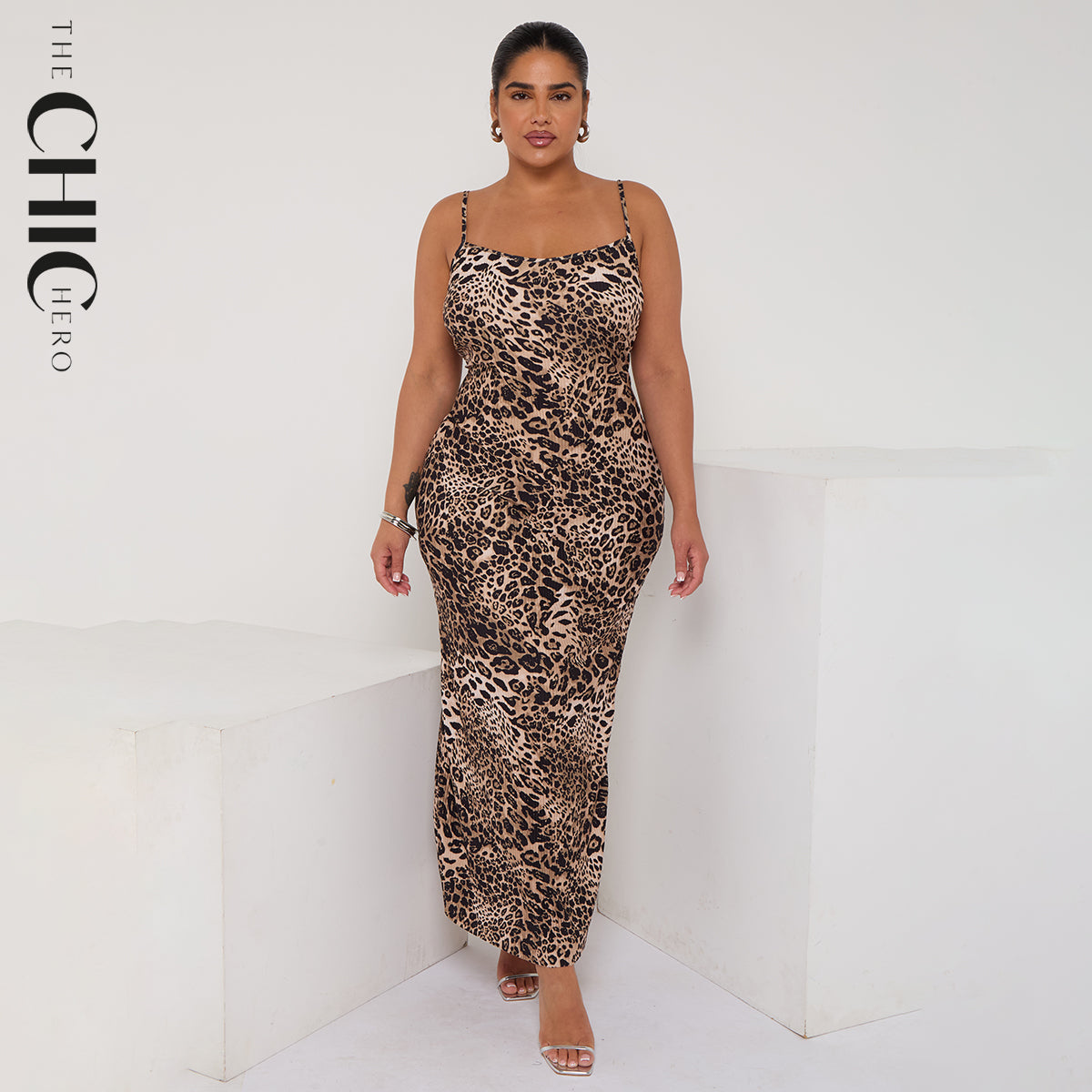 Plus Printed Brown Leopard Print Neck Bodycon Dress