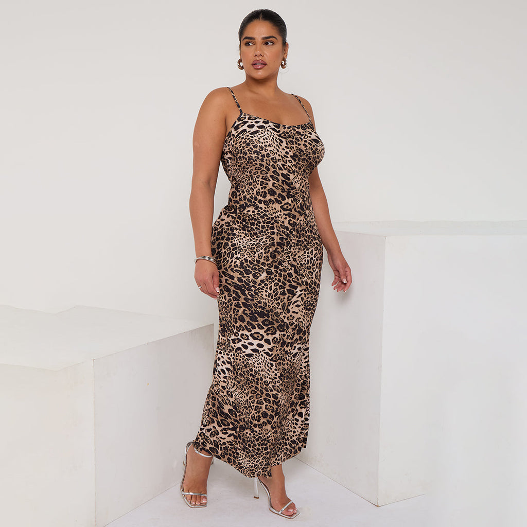 Plus Printed Brown Leopard Print Neck Bodycon Dress