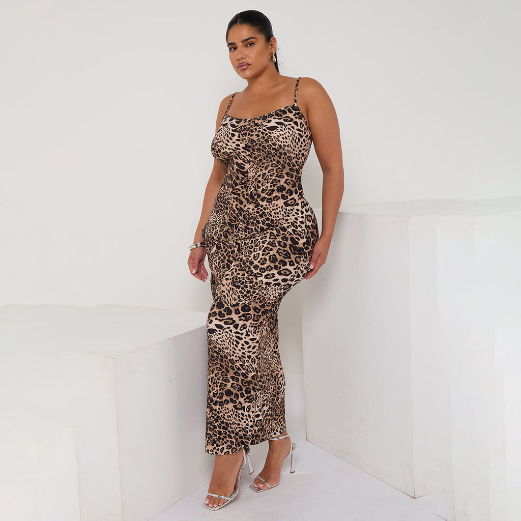 Plus Printed Brown Leopard Print Neck Bodycon Dress