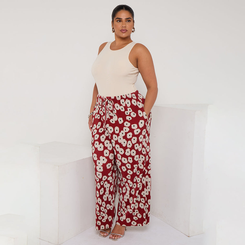 Red Abstract Print Palazzo Pleated Pants With Pockets