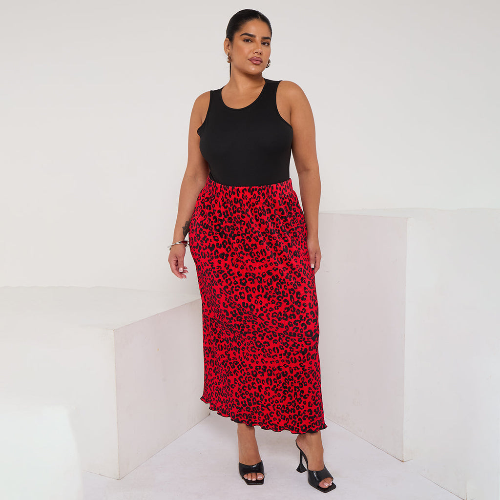 Red Retro Leopard Ripple Pleated Skirt