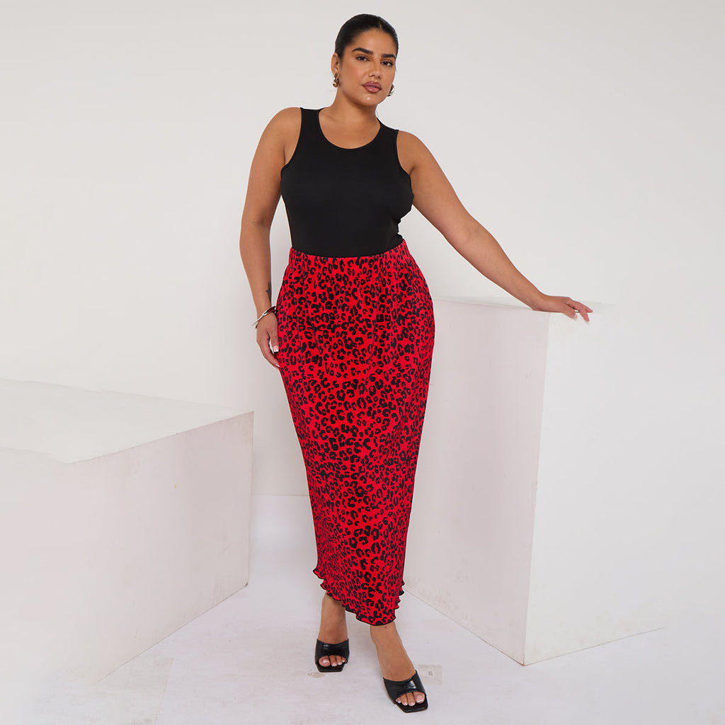 Red Retro Leopard Ripple Pleated Skirt