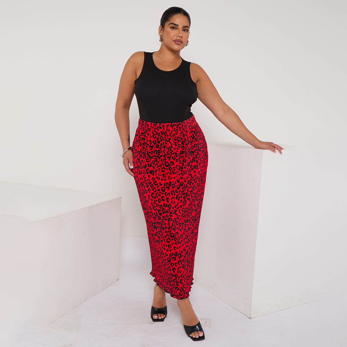 Red Retro Leopard Ripple Pleated Skirt