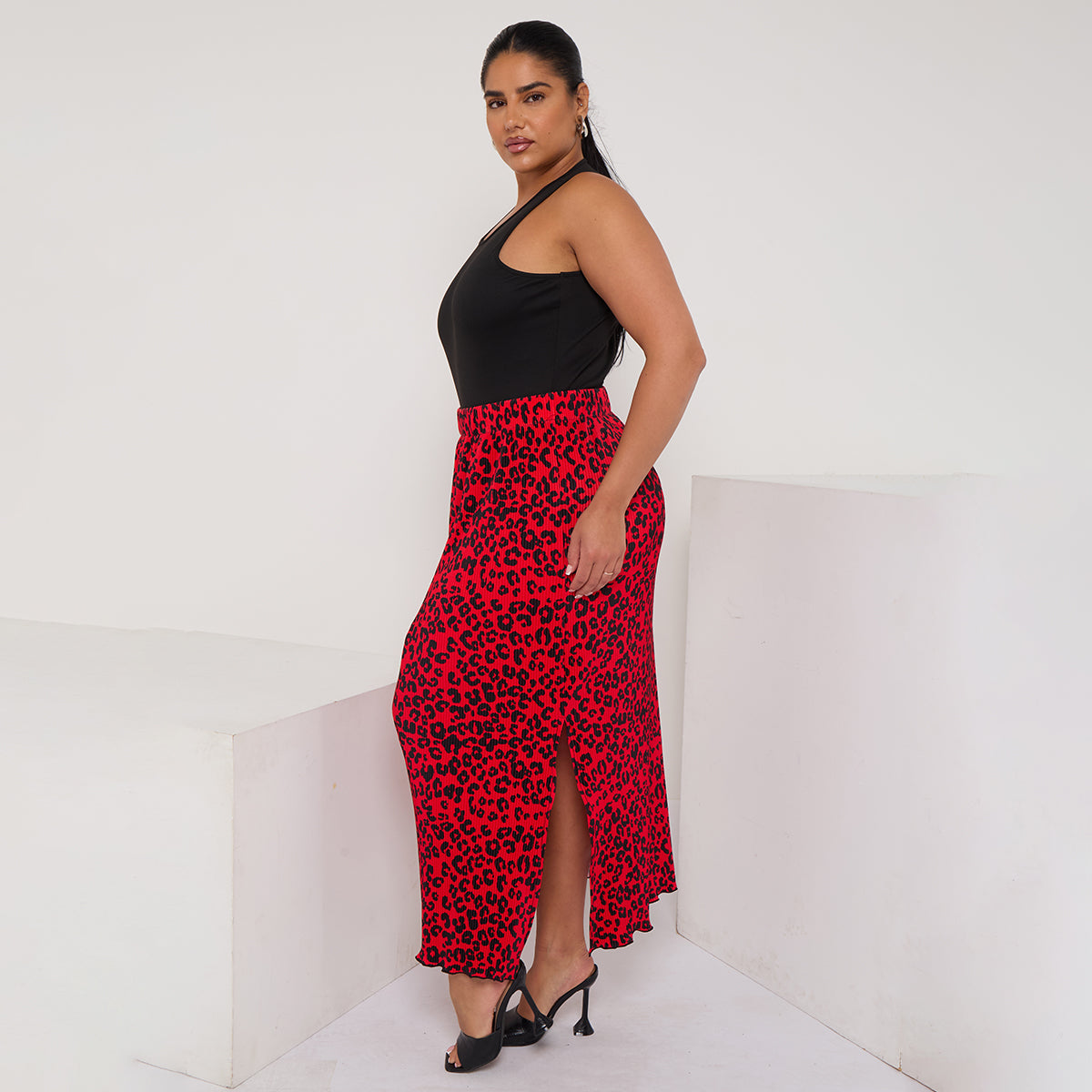 Red Retro Leopard Ripple Pleated Skirt