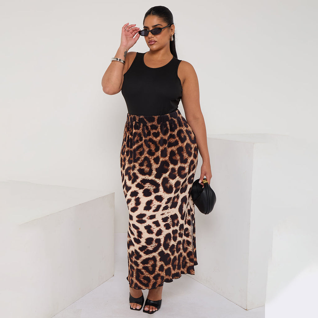 Retro Brown Leopard Print Ripple Pleated Skirt