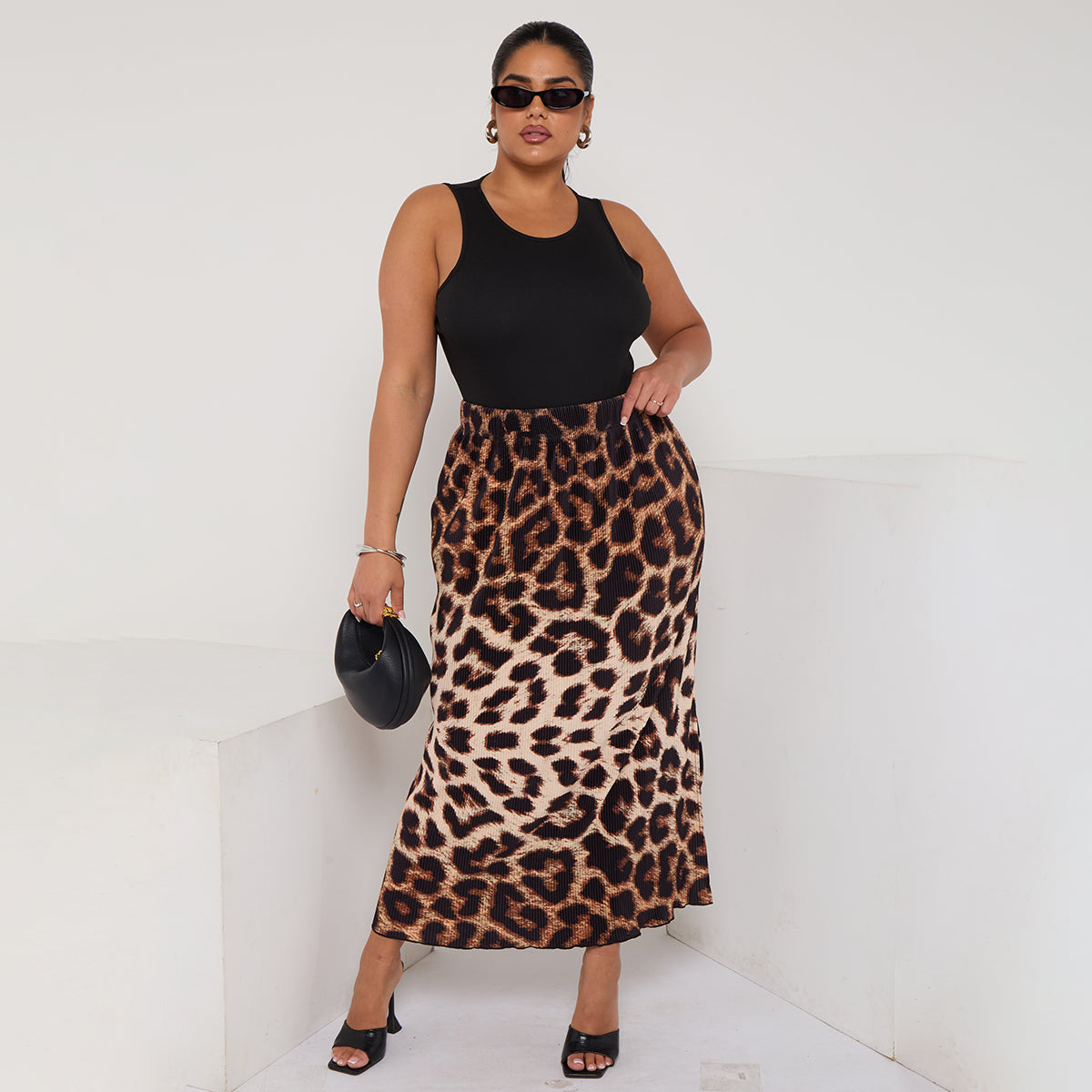 Retro Brown Leopard Print Ripple Pleated Skirt