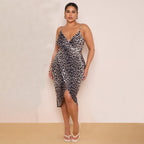 Plus Size Leopard Print Wrap Midi Dress with Spaghetti Straps