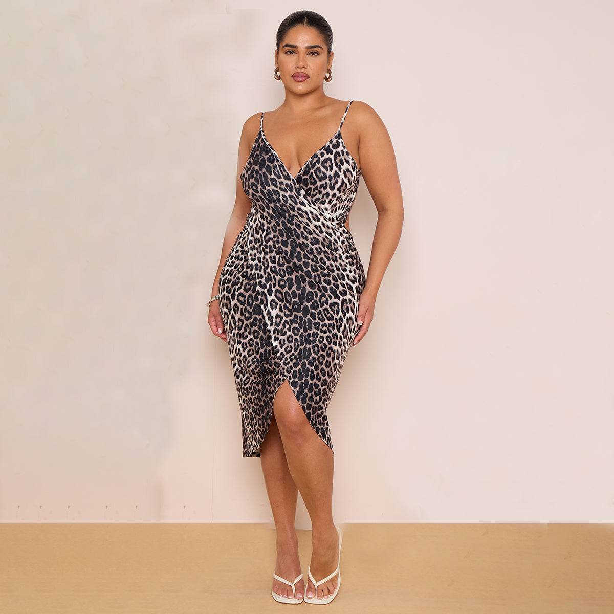 Plus Size Leopard Print Wrap Midi Dress with Spaghetti Straps