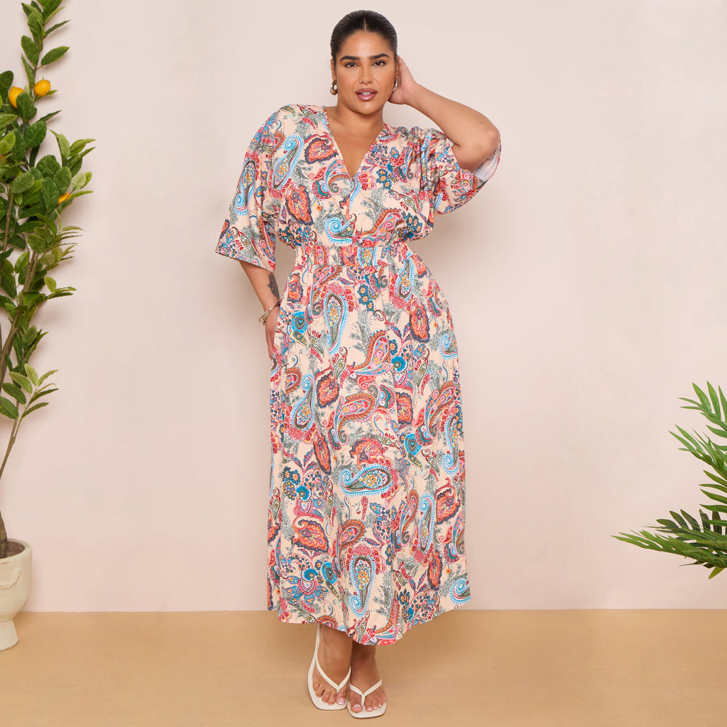 Long Sleeve Tie Back Maxi Dress in Paisley Print