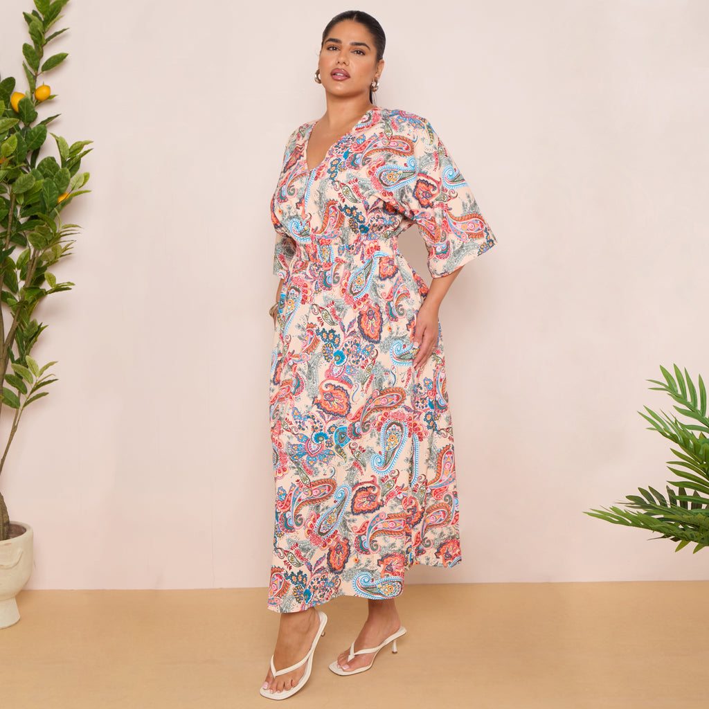 Long Sleeve Tie Back Maxi Dress in Paisley Print