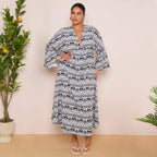 Long-Sleeve Swing Maxi Dress in Black Print