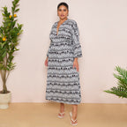 Long-Sleeve Swing Maxi Dress in Black Print