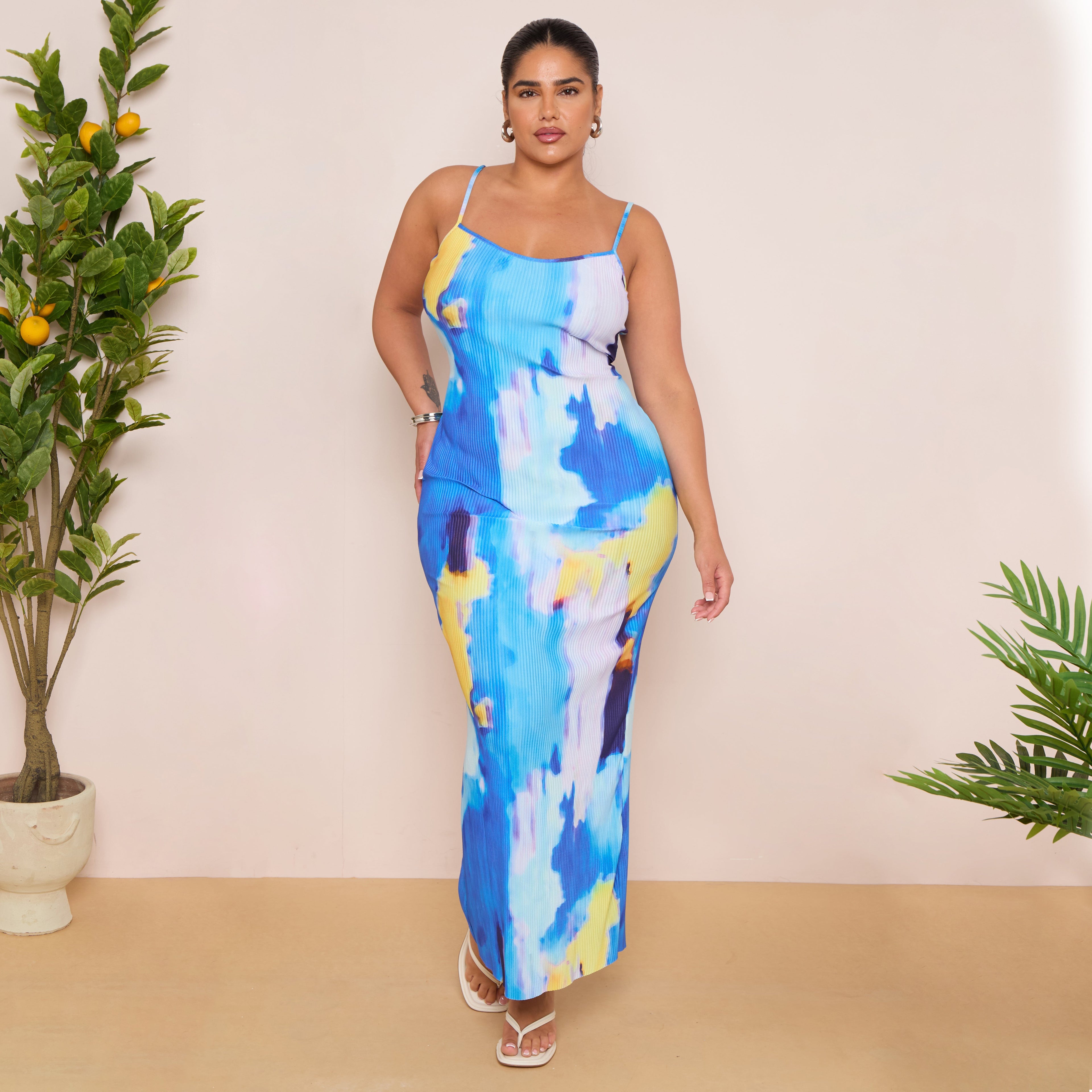 Plus Blue Printed Plisse Cowl Neck Bodycon Dress
