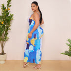 Plus Blue Printed Plisse Cowl Neck Bodycon Dress