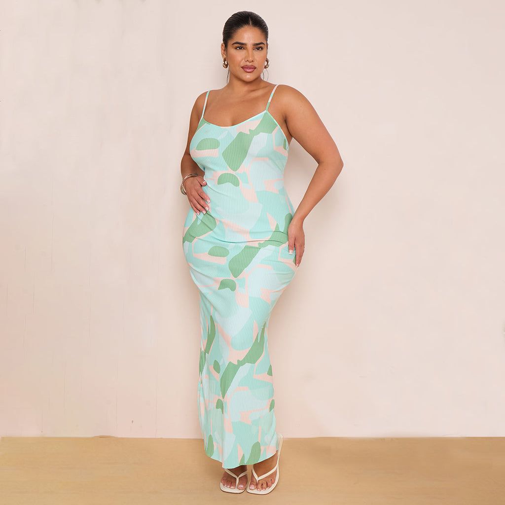 Plus Green Tie-dye Printed Plisse Cowl Neck Bodycon Dress