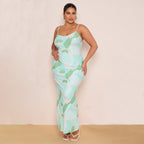 Plus Green Tie-dye Printed Plisse Cowl Neck Bodycon Dress