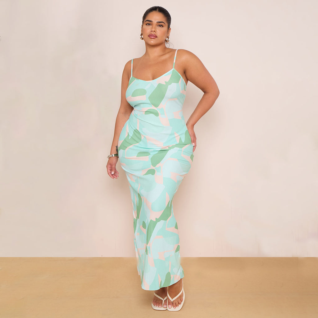 Plus Green Tie-dye Printed Plisse Cowl Neck Bodycon Dress