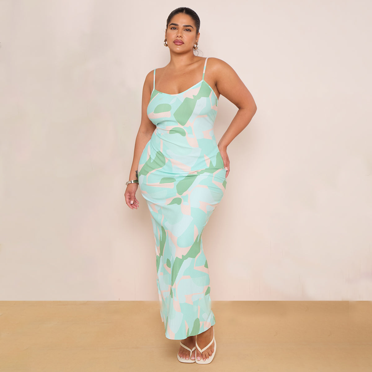 Plus Green Tie-dye Printed Plisse Cowl Neck Bodycon Dress