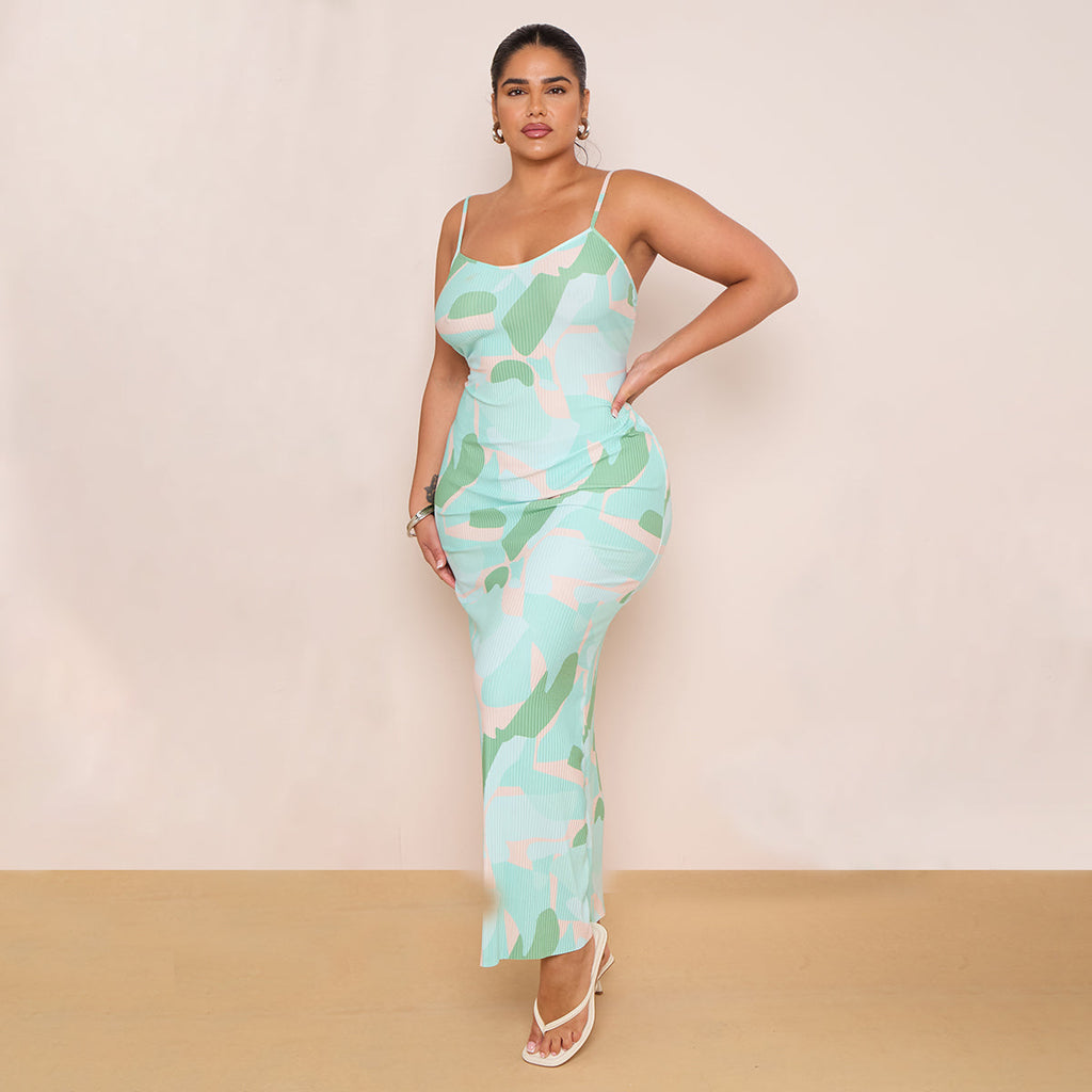 Plus Green Tie-dye Printed Plisse Cowl Neck Bodycon Dress