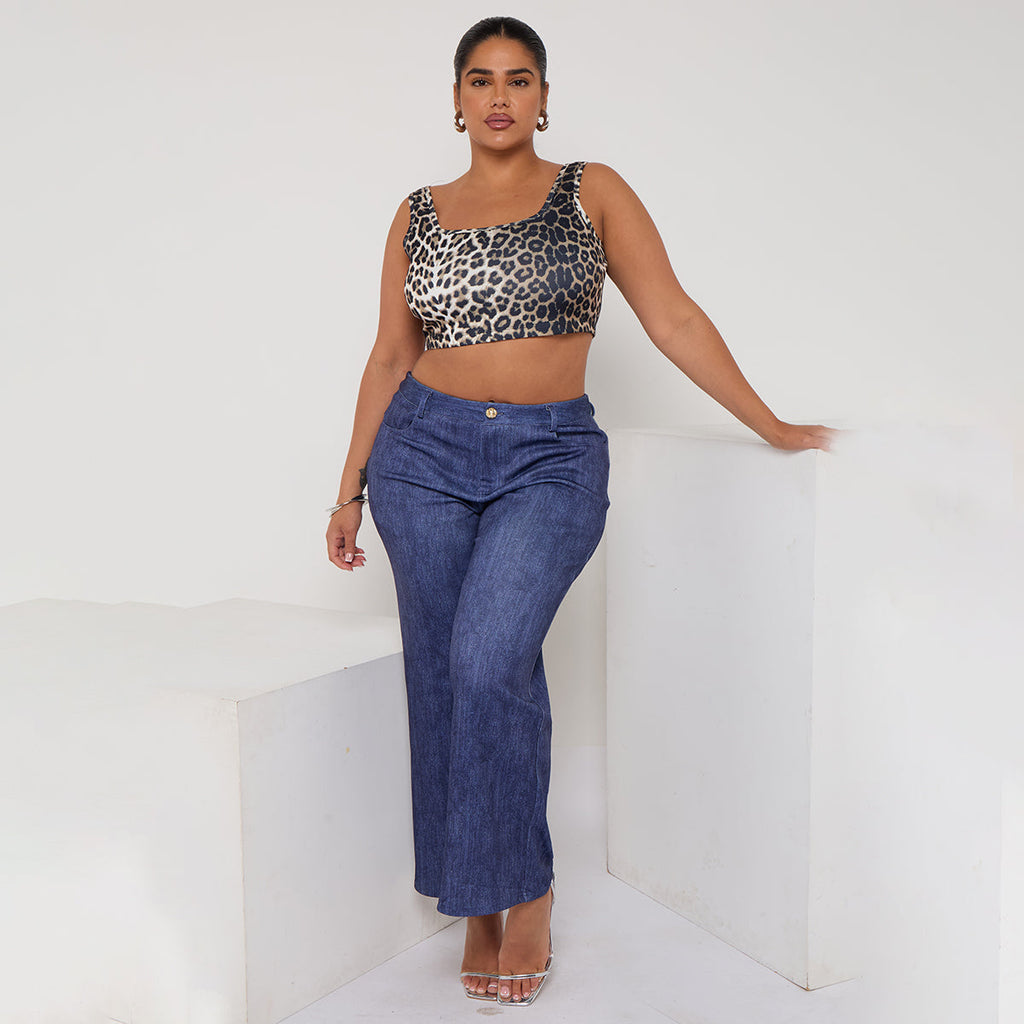 Square Neck Gradient Leopard Print Solid Crop Tank Top