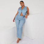 Reversible Relaxed Fit Demin Sleeveless Button-Front Sleeveless Top (light blue & dark blue)