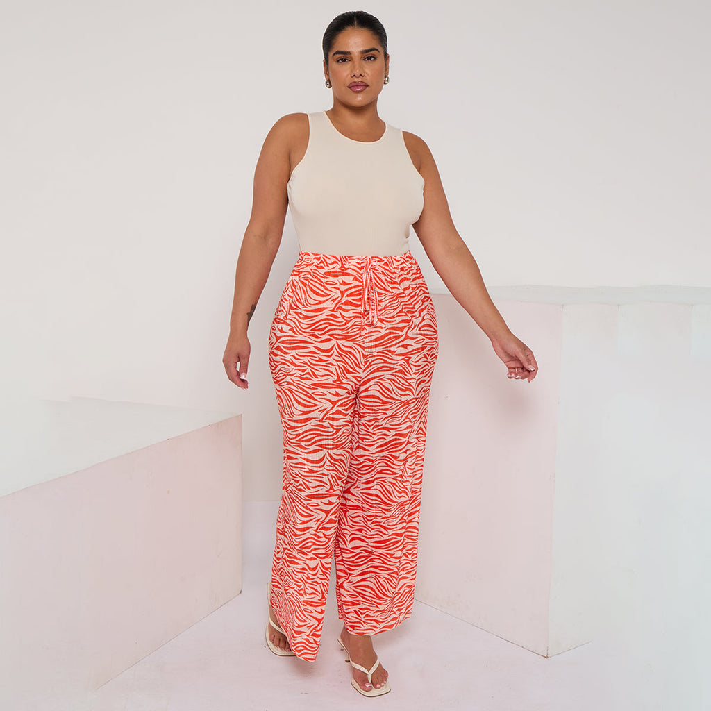 Orange Red Abstract Print Wide-Leg Drawstring Palazzo Pleated Pants
