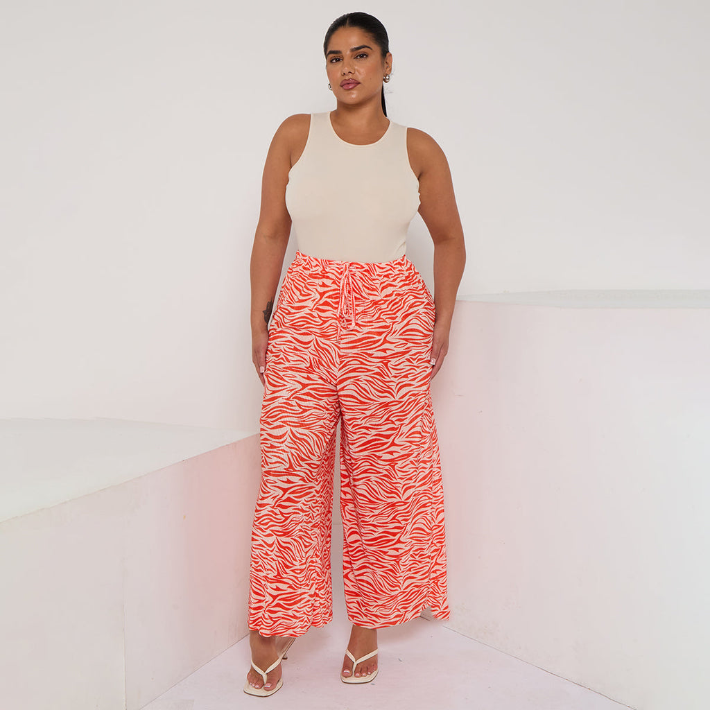 Orange Red Abstract Print Wide-Leg Drawstring Palazzo Pleated Pants