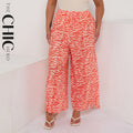 Orange Red Abstract Print Wide-Leg Drawstring Palazzo Pleated Pants