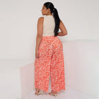 Orange Red Abstract Print Wide-Leg Drawstring Palazzo Pleated Pants