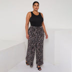 Brown Zebra Abstract Print Wide-Leg Drawstring Palazzo Pleated Pants