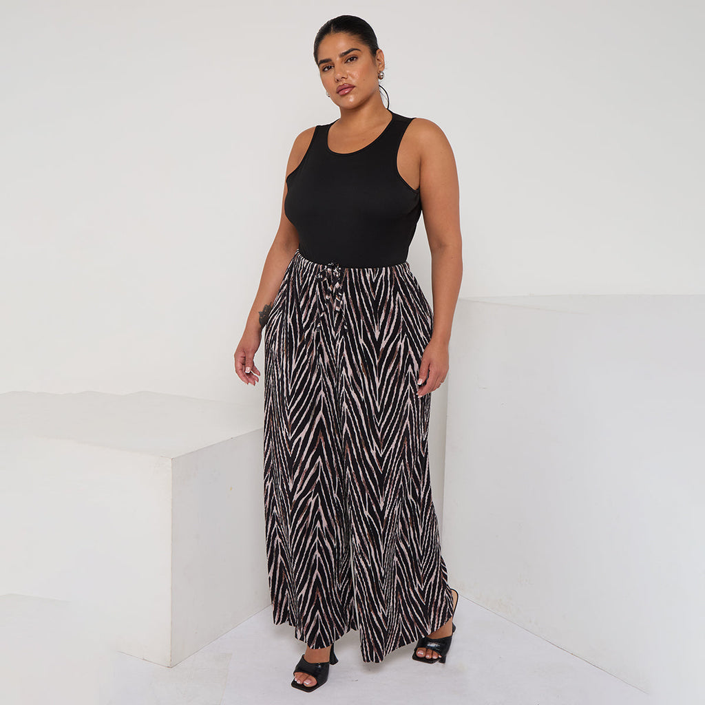 Brown Zebra Abstract Print Wide-Leg Drawstring Palazzo Pleated Pants
