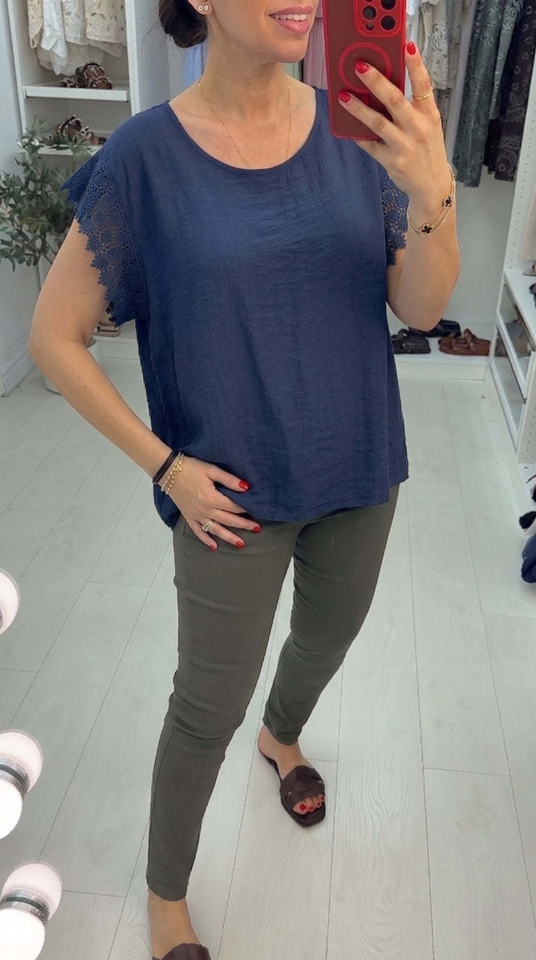Isabela Plain Crochet Sleeve Detailed T-Shirt